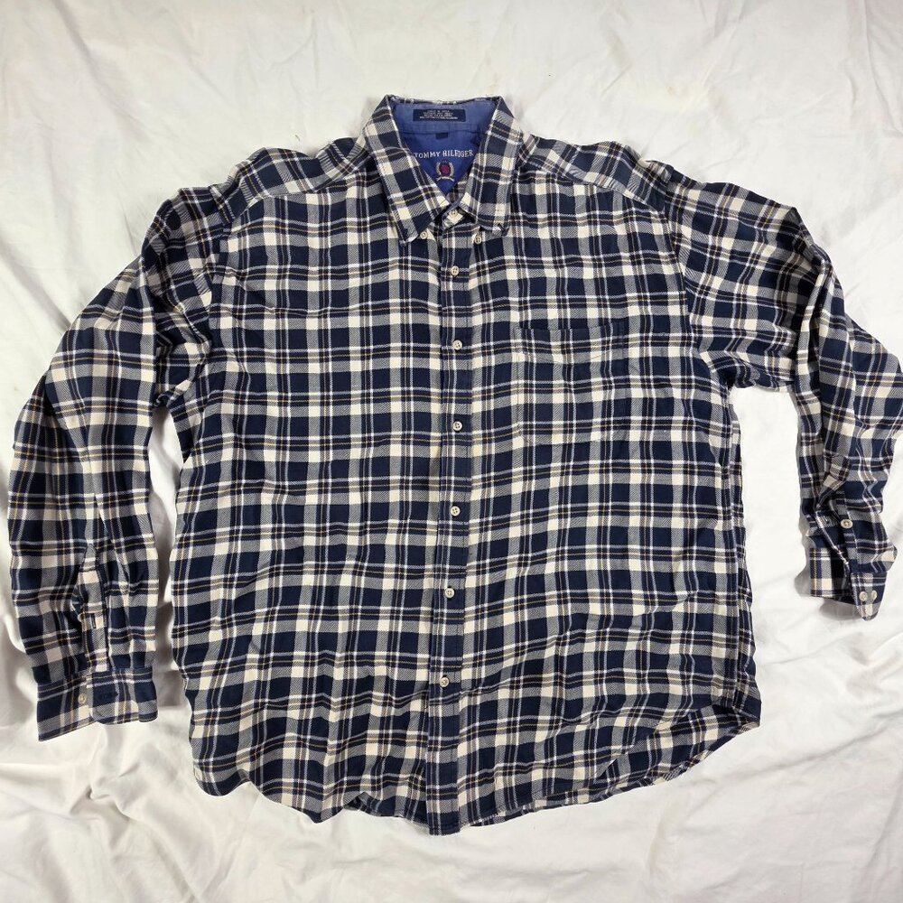 Tommy Hilfiger Mens Size XL Plaid Button Up Shirt Blue White Casual Long Sleeve